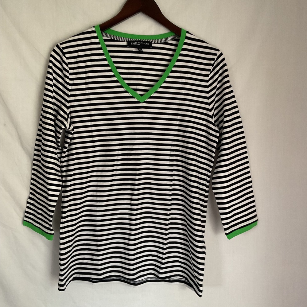 Jones New York Signature Striped Top V-Neck 3/4 Sleeve Casual Black White M